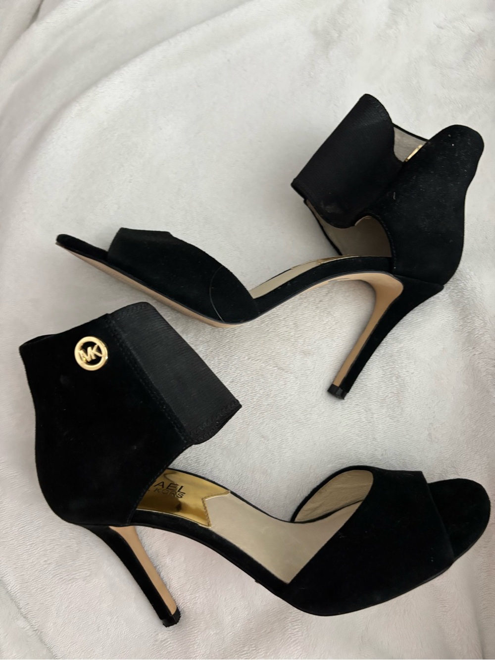 Michael Kors Black Suede Open-Toe Ankle Cuff Heels with Gold MK Accent